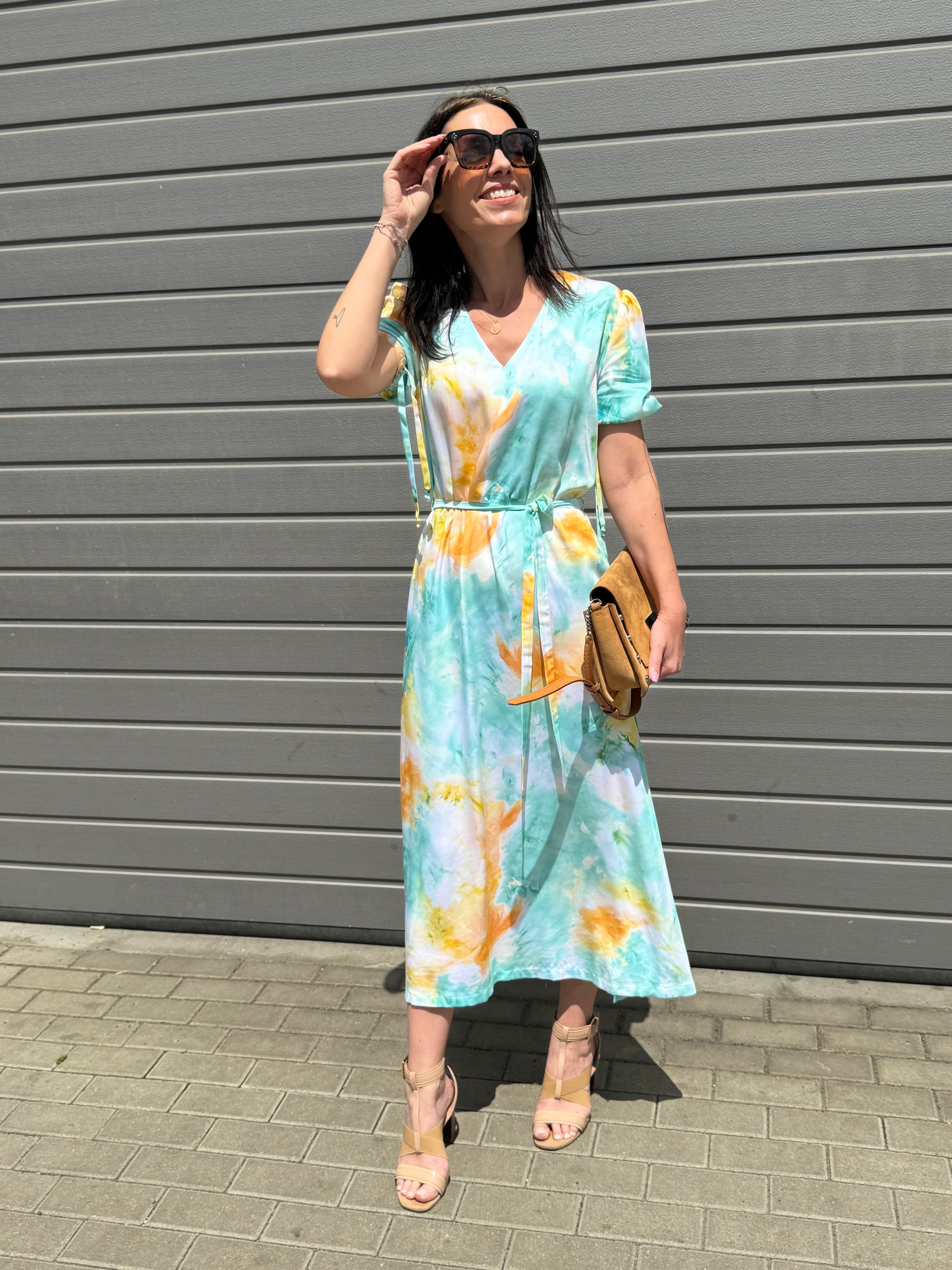 Viskózový satén tie-dye zeleno-oranžová