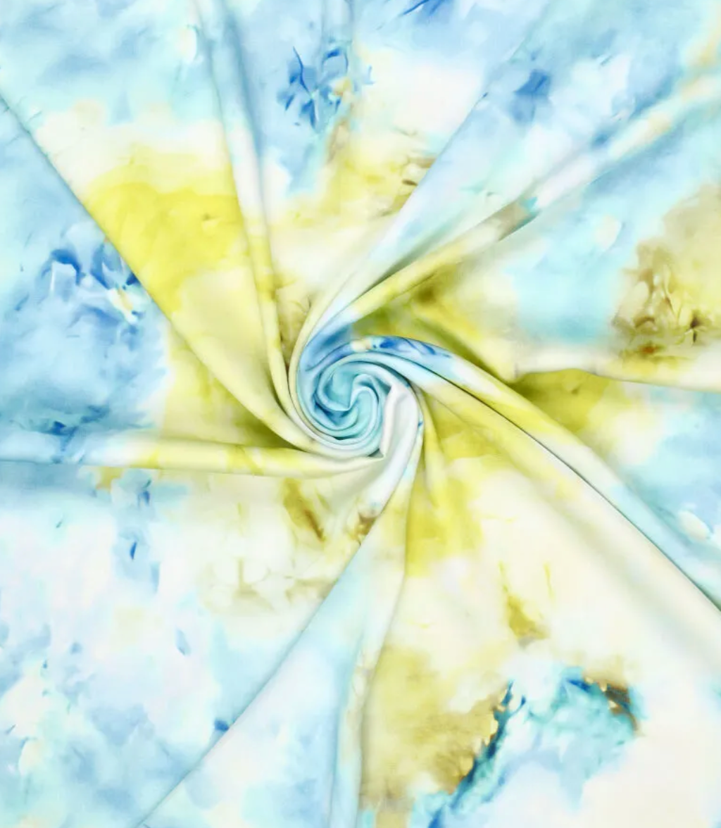 Viskózový satén tie-dye modro-žlutá
