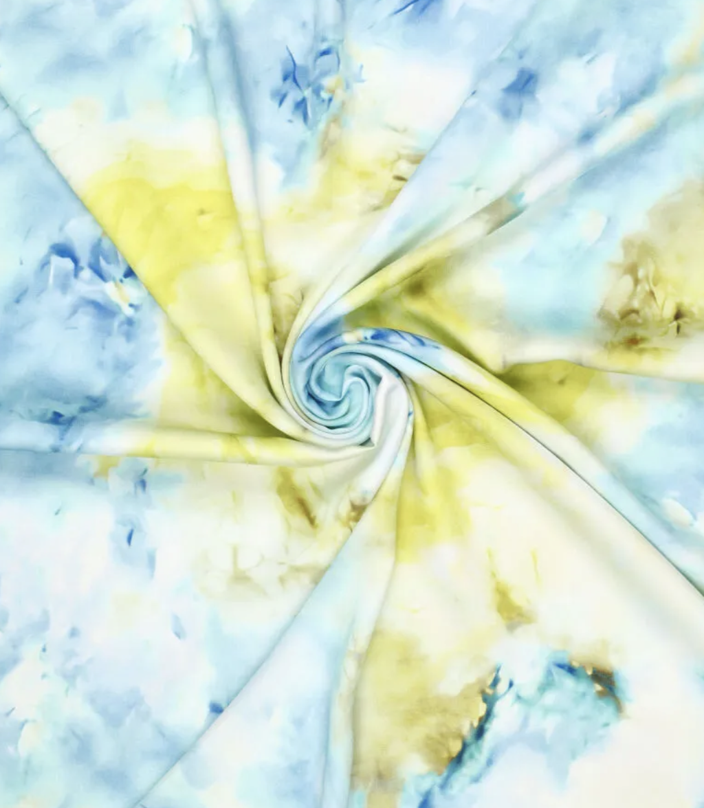 Viskózový satén tie-dye modro-žlutá